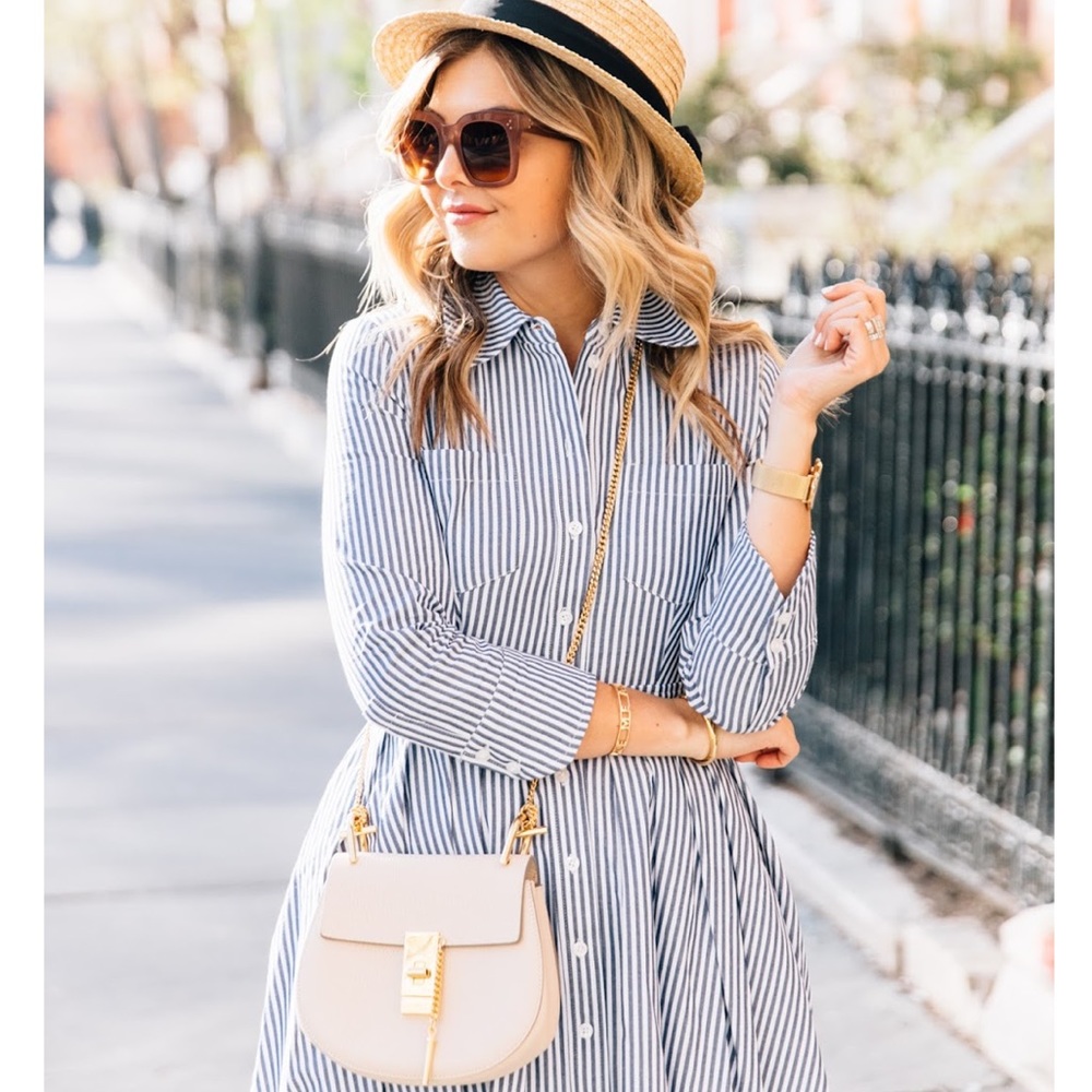 Eliza J Striped Button Down Shirt Dress Cotton Nautical 3/4 Sleeve Blue White 4